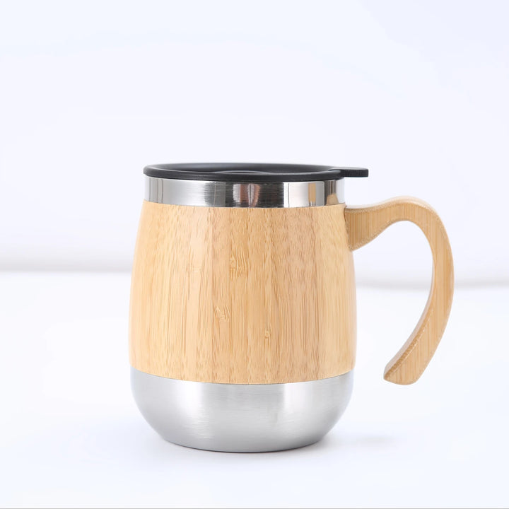 Bamboe & RVS Koffiebeker met Deksel | Herbruikbaar & Lekvrij | 10 x 12 cm