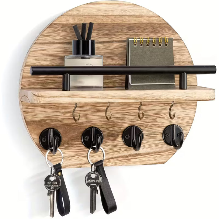Ronde Houten Sleutelhouder met Plank | Wandorganizer met 8 Haken