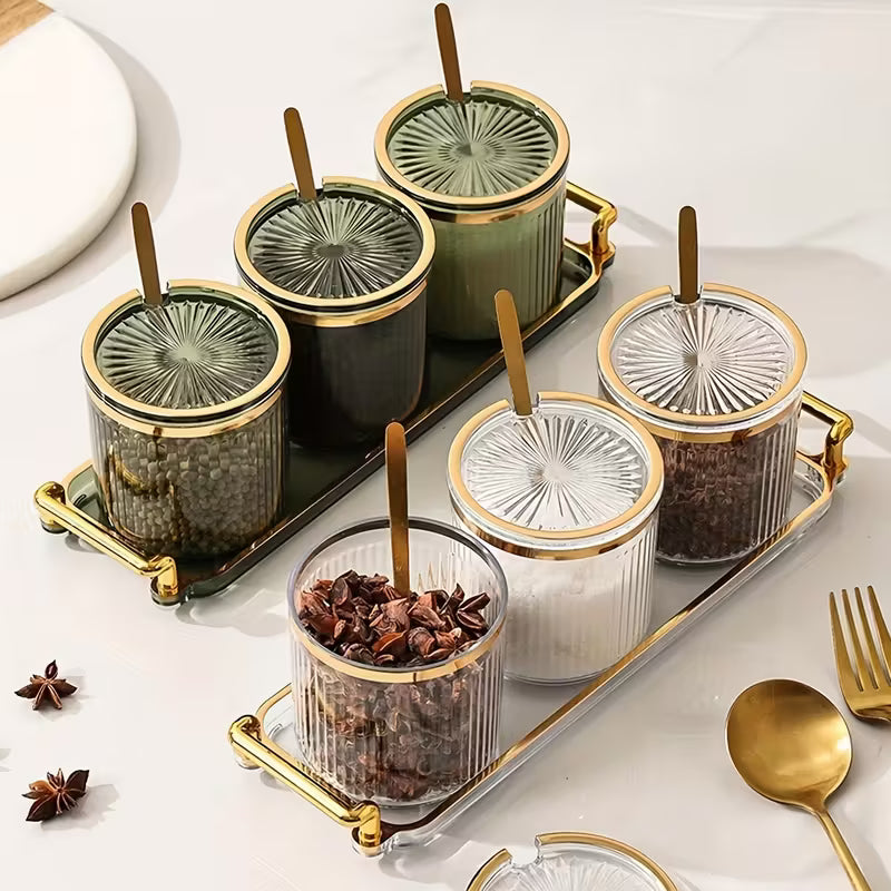 NordicServe™ Snack & Thee Set | 3 Glazen Potten met Deksel op Elegant Noordic Dienblad (300 ml)