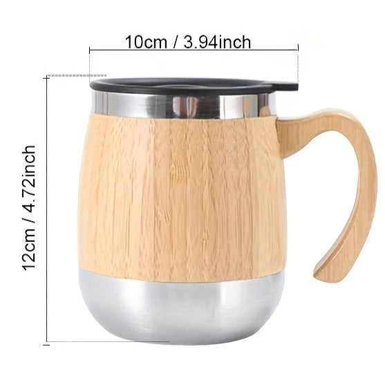 Bamboe & RVS Koffiebeker met Deksel | Herbruikbaar & Lekvrij | 10 x 12 cm