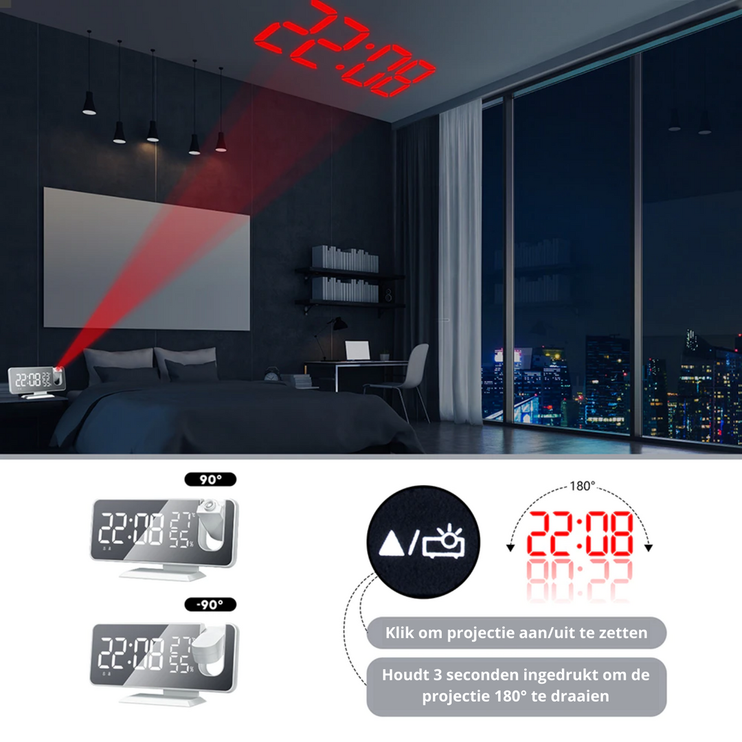 Astronatic Alarm | De Beste Alarmklok met LED Scherm - 180° Projector - USB lader