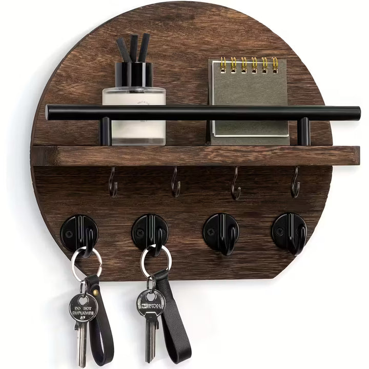 Ronde Houten Sleutelhouder met Plank | Wandorganizer met 8 Haken