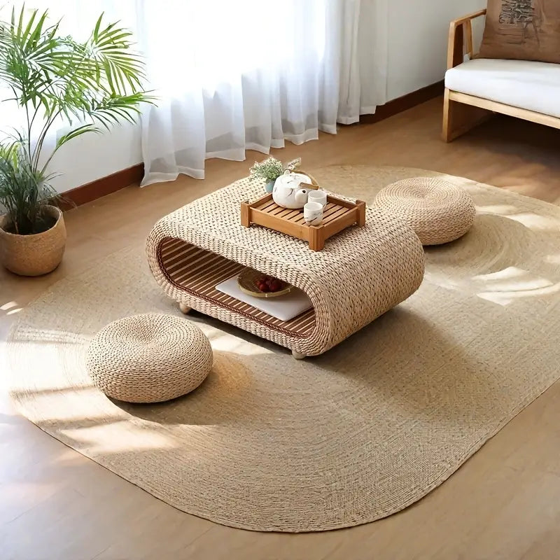 Japandi Tatami Koffietafel | Handgeweven Rotan met Houten Frame