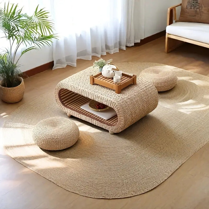 Japandi Tatami Koffietafel | Handgeweven Rotan met Houten Frame