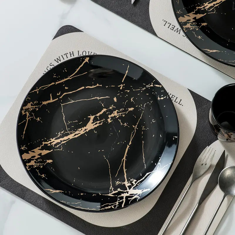 MarbellaGold | 16-Delig Zwart Porseleinen Servies met Gouden Marmerpatroon – Voor 4 Personen