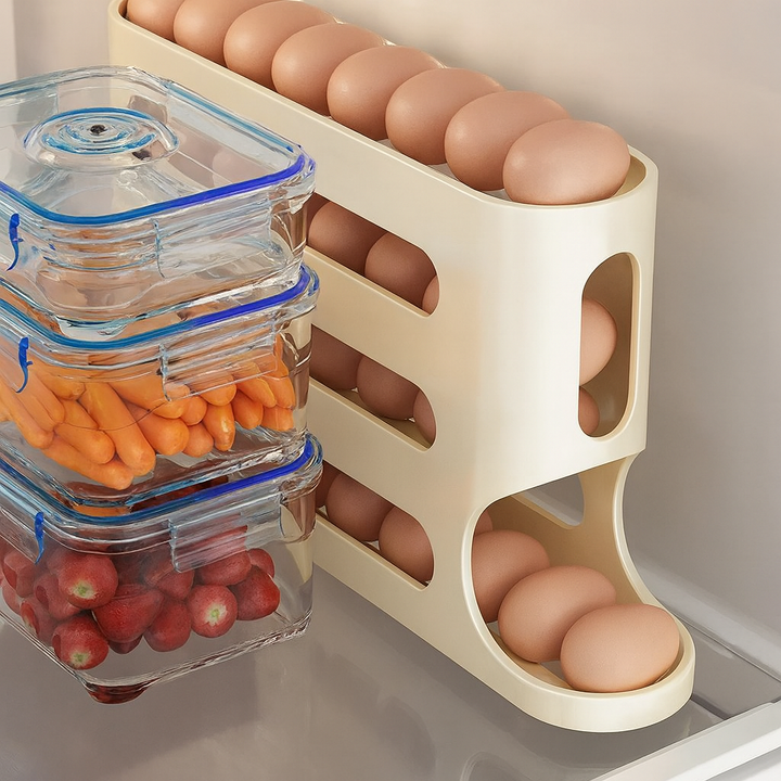 Egg Storage Box | 4-Laags Ruimtebesparende Eierhouder met Automatische Rolfunctie