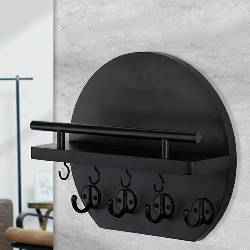 Ronde Houten Sleutelhouder met Plank | Wandorganizer met 8 Haken