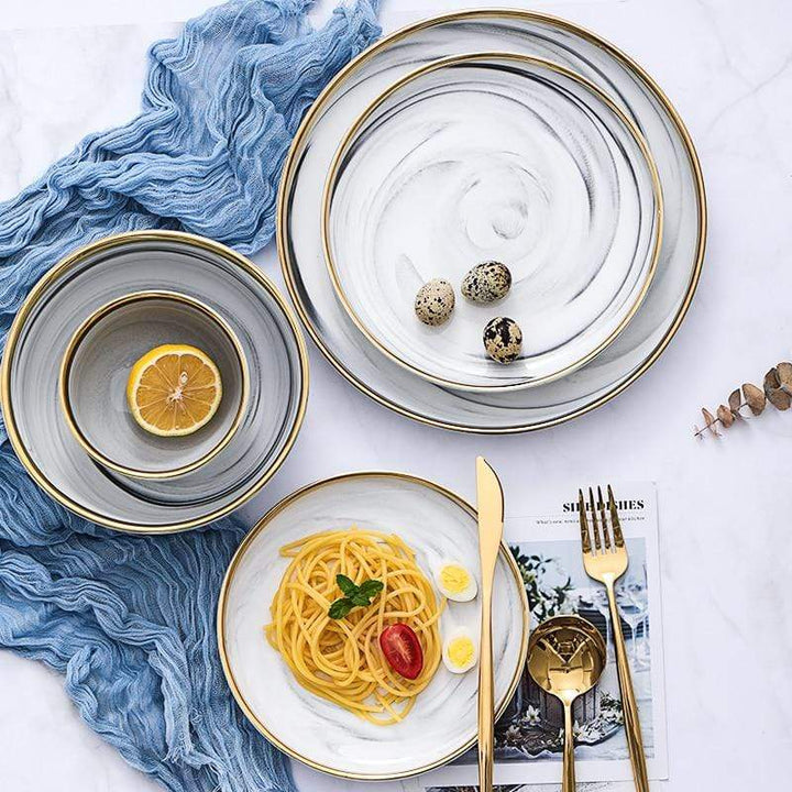 Canova | Luxe Marmeren Porseleinen Servies met Gouden Rand – 8-Delig Rond Design
