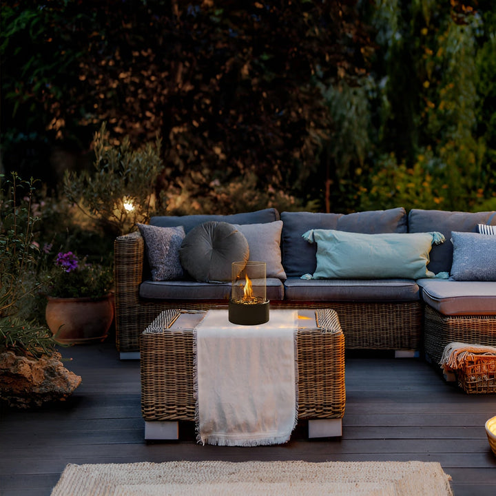 SleekFlame | Moderne Tafelhaard met Glascilinder & Zwarte Metalen Basis – Schoon Brandende Bio-ethanol Haard