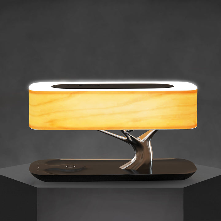 Tafellamp met Draadloze Oplader, Bluetooth Speaker & Dimbare Verlichting | Houten Design