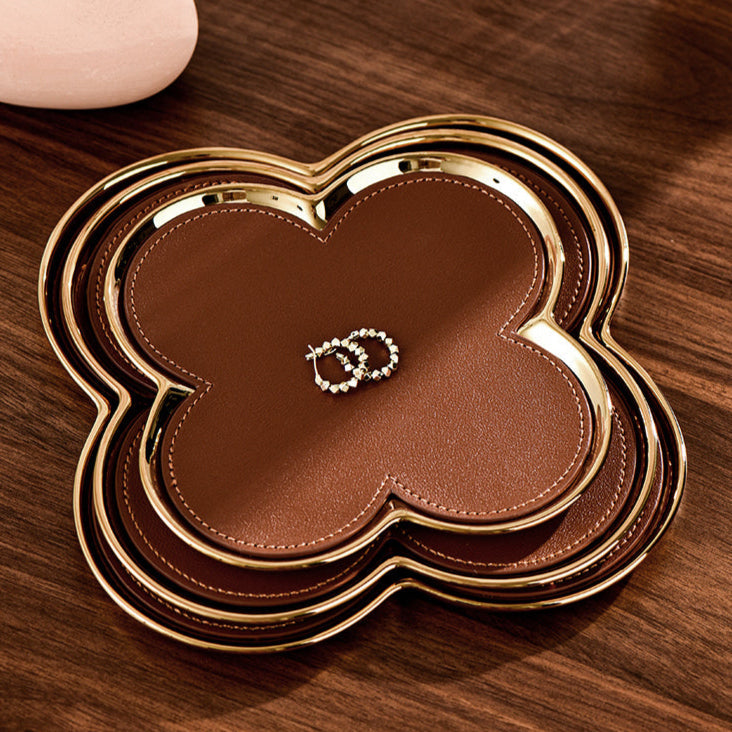 Giovanni Clover Tray | Handgemaakt Cognac Leren Sieradenschaal | Goud/Zilver Accent
