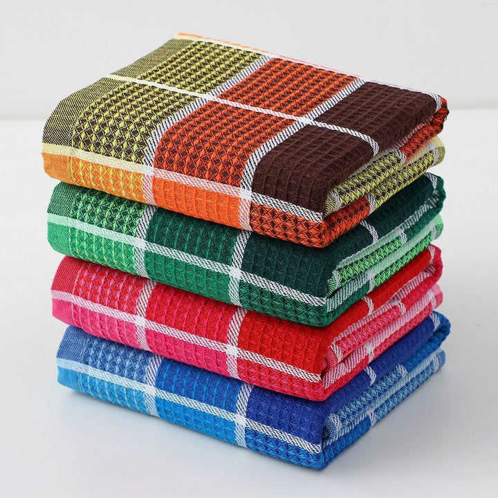 Set van 4 Wafeldoek Keukenhanddoeken | Retro Ruitpatroon | Snel Droog | Zacht Katoen