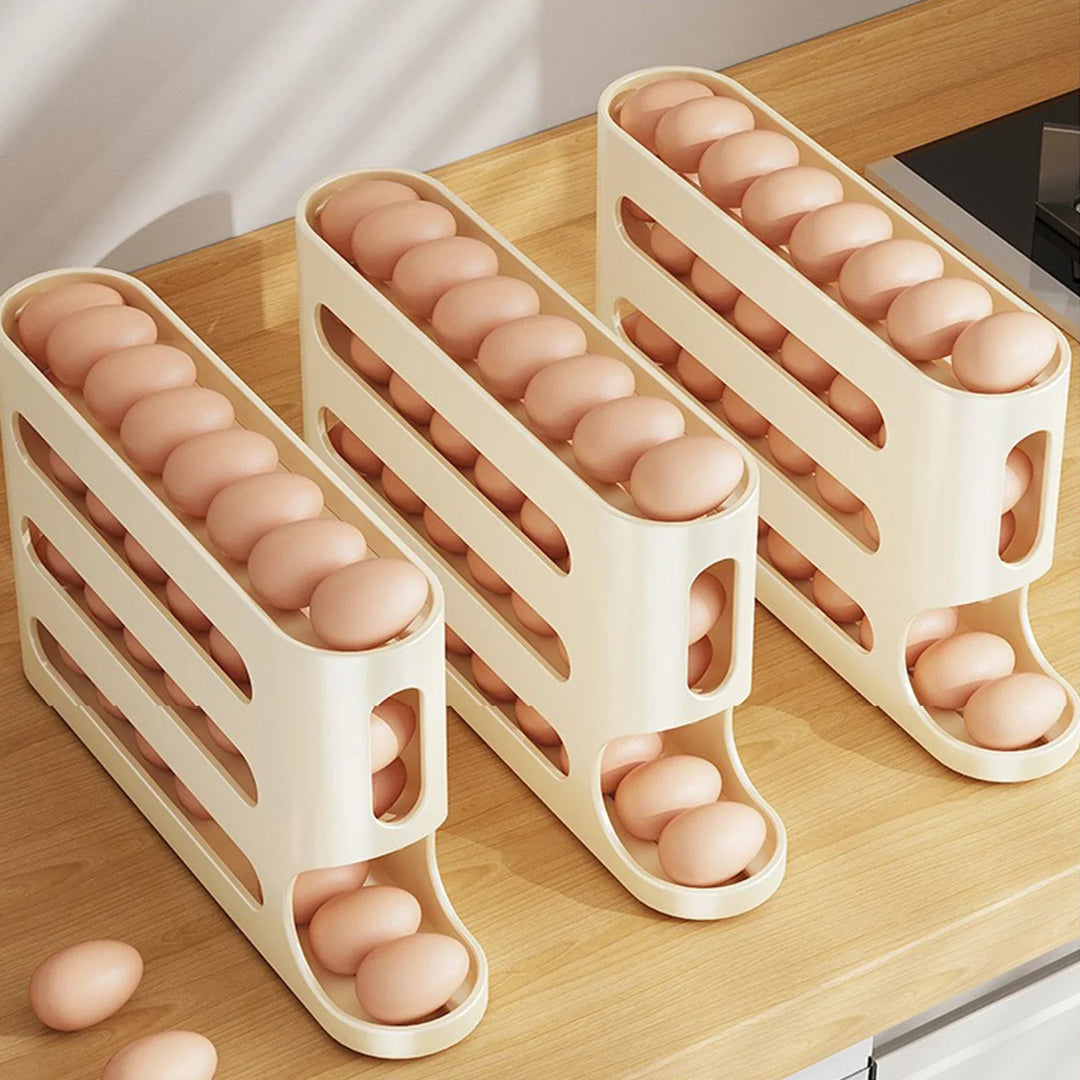 Egg Storage Box | 4-Laags Ruimtebesparende Eierhouder met Automatische Rolfunctie