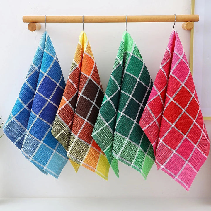 Set van 4 Wafeldoek Keukenhanddoeken | Retro Ruitpatroon | Snel Droog | Zacht Katoen