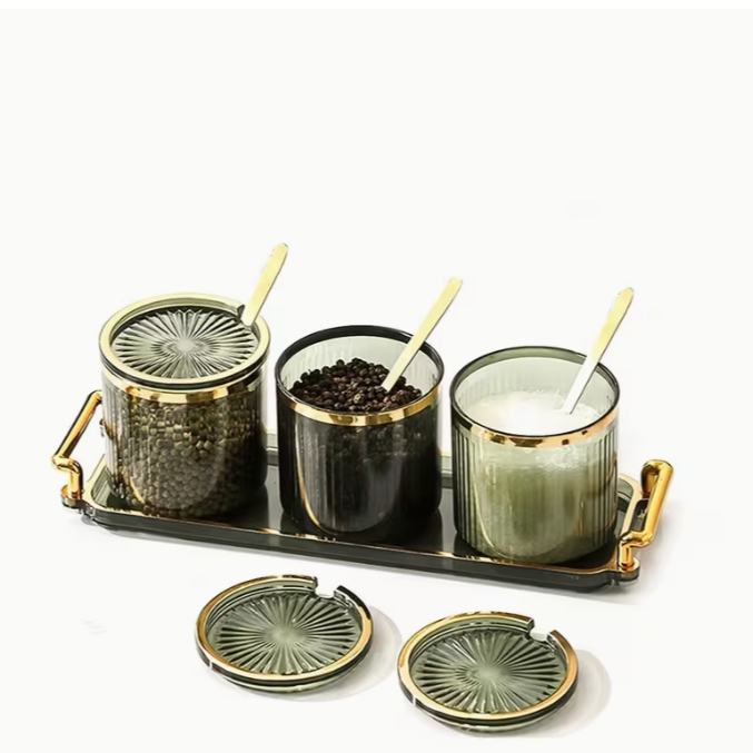 NordicServe™ Snack & Thee Set | 3 Glazen Potten met Deksel op Elegant Noordic Dienblad (300 ml)