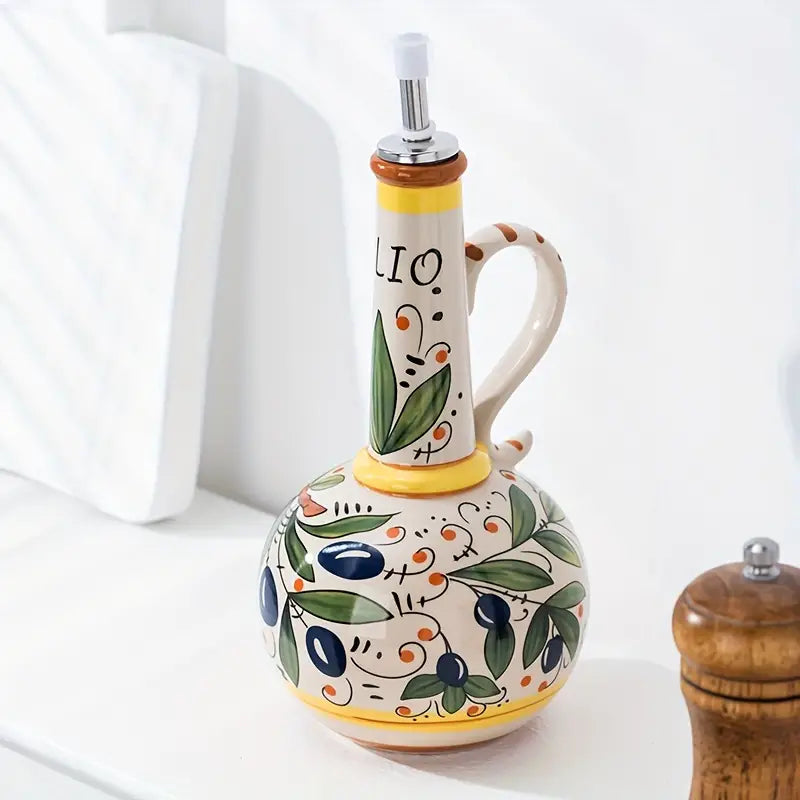 Toscaanse Olijfoliefles | Handgeschilderd Keramiek | 700 ml