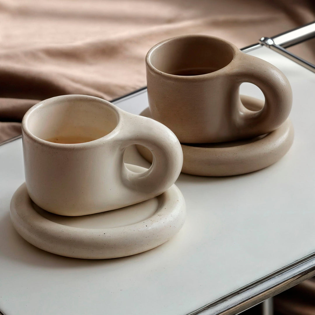 Japandi Handgemaakt Porseleinen Set | Minimalistisch Geometrisch Design | Beker & Schotel