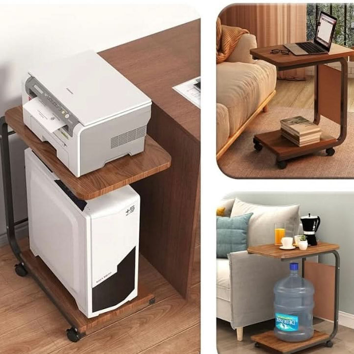 Elegante Bijzettafel op Wieltjes | C-Vormige Tafel met Rem, 2 Lagen & Zijvak voor Slaapkamer, Woonkamer of Kantoor