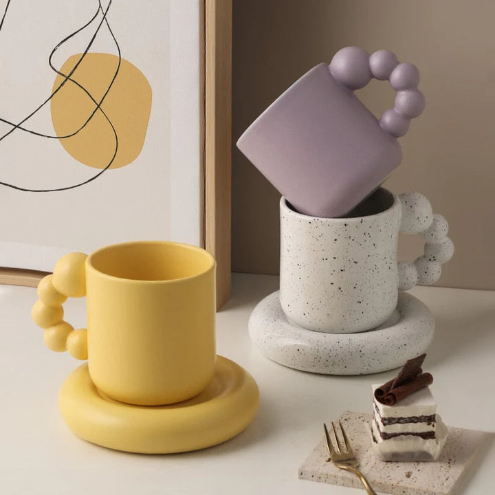 Handgemaakt Porseleinen Beker- en Schotelset | Minimalistisch Geometrisch Design | 401-500 ml