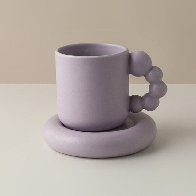 Handgemaakt Porseleinen Beker- en Schotelset | Minimalistisch Geometrisch Design | 401-500 ml