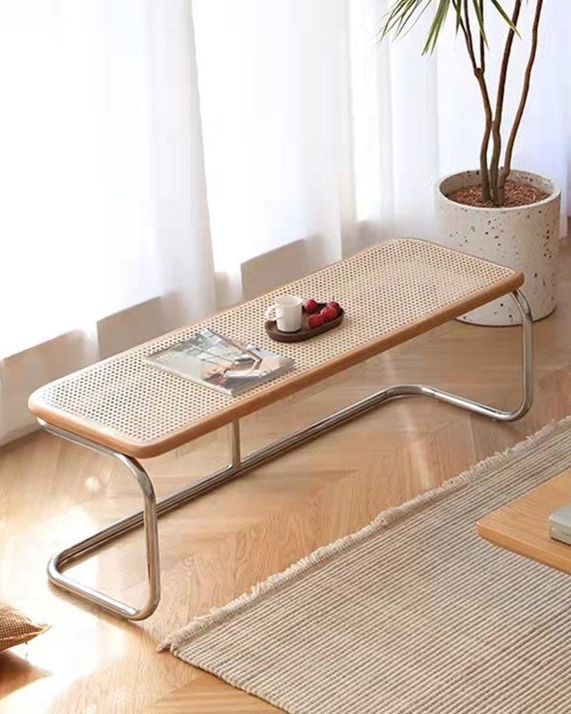 Serenity Rattan Bank | Minimalistische Kersenhouten Zitbank met Rotan en Roestvrijstaal