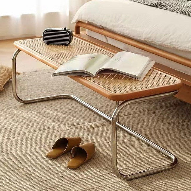 Serenity Rattan Bank | Minimalistische Kersenhouten Zitbank met Rotan en Roestvrijstaal